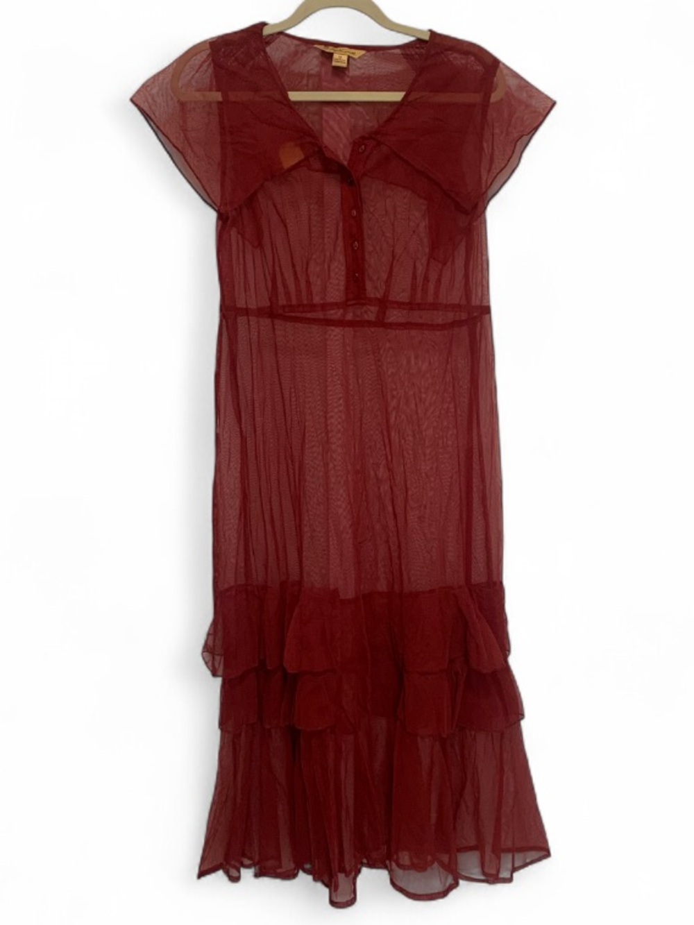 April Cornell Sheer Wine-Red Ruffled Maxi Dress